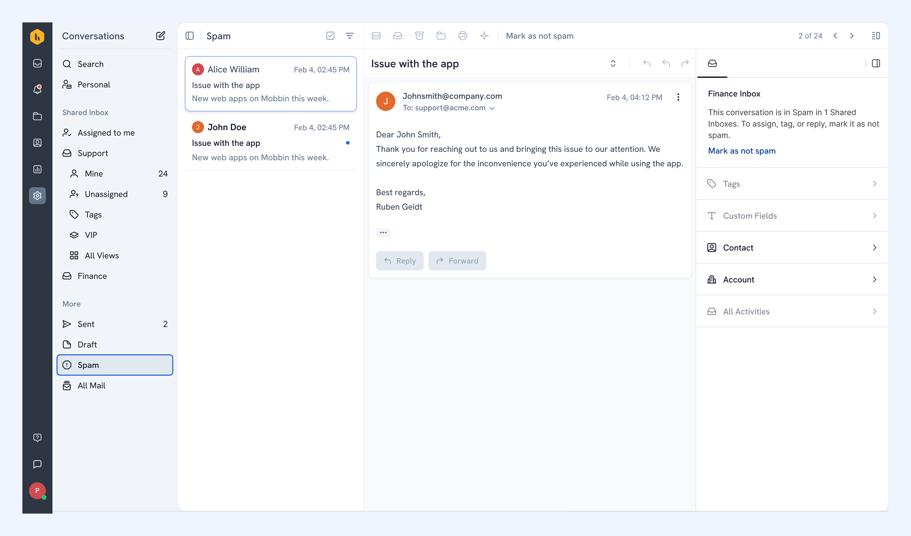 Recover customer emails from spam