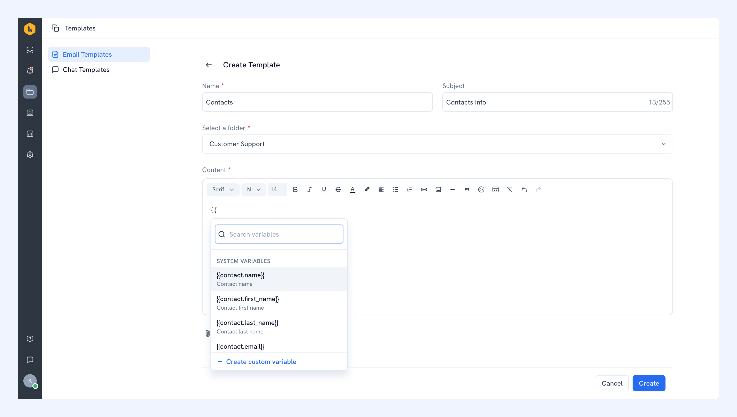 Custom variables in email templates